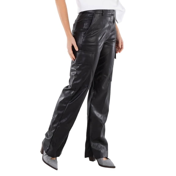 Stella Mccartney Straight Leg Black Faux Leather Trousers With Utility Pockets (Women's)