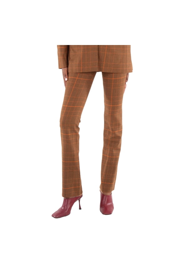 Ladies Brown Prince-Of-Wales Slim-Cut Trousers, Brand Size 36 (US Size 2)