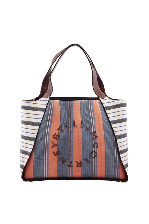Striped Logo Embroidered Cotton Tote Bag