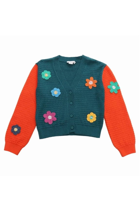 Kids Floral-Embroidered V-Neck Cardigan, Size 8Y