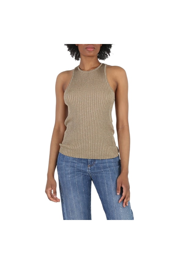 Ladies Gold Sparkle Ribbed-Knit Racer Tank Top, Brand Size 36 (US Size 2)