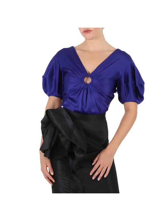 Sapphire Blue Puff-Sleeve Ruched Blouse, Brand Size 38 (US Size 4)
