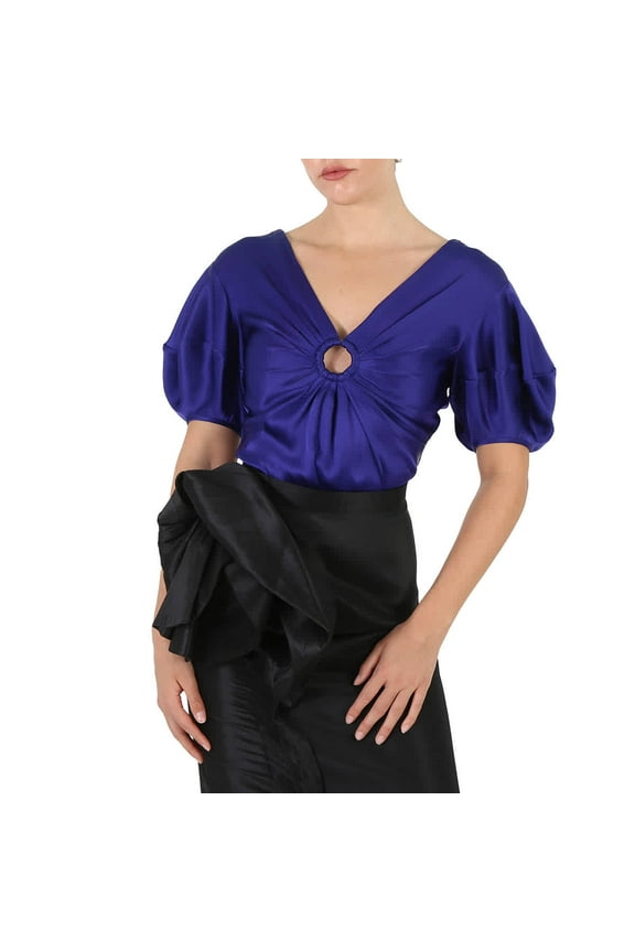 Sapphire Blue Puff-Sleeve Ruched Blouse, Brand Size 38 (US Size 4)