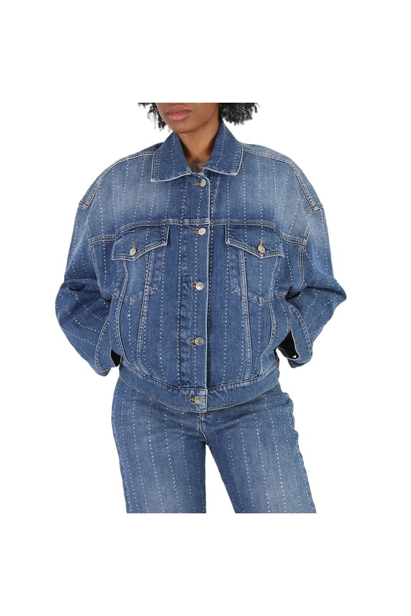 Vintage Dark Diamante Striped Hotfix Oversized Denim Jacket, Brand Size 36 (US Size 2)