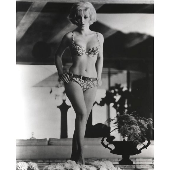Stella Stevens Hands on Hips Pose wearing Printed Bikini in Black and White Photo Print (8 x 10)