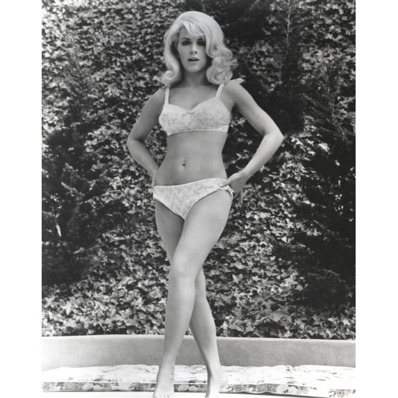 Stella Stevens Hands on Hips Pose with One Leg Forward wearing Bikini in Black and White Photo Print (24 x 30)