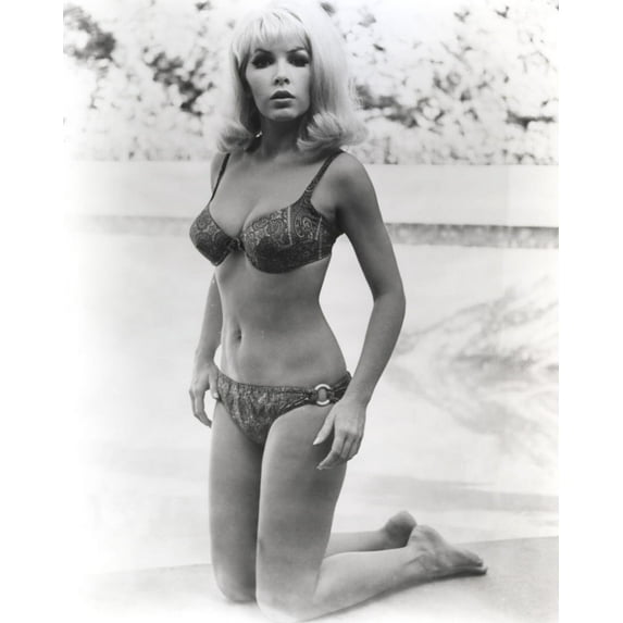 Stella Stevens Kneeling on Sand wearing Bikini in Black and White Photo Print (8 x 10)