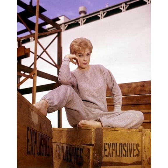 Stella Stevens poses barefoot wearing sweat shirt & pants on dynamite box 8x10