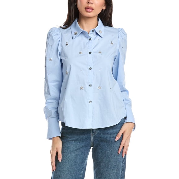 Stellah womens Helene Jewel Trim Button Down Shirt, l, Blue