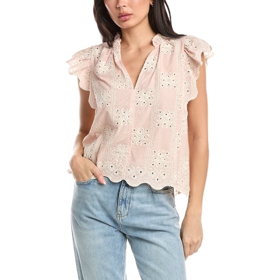 Stellah womens Lucy Embroidered Split Neck Top, l, Pink