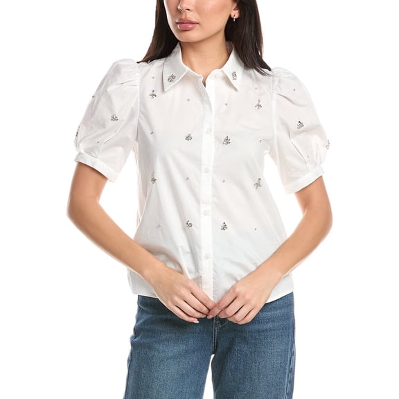Stellah womens Nadia Jewel Trim Button Down Shirt, s, White