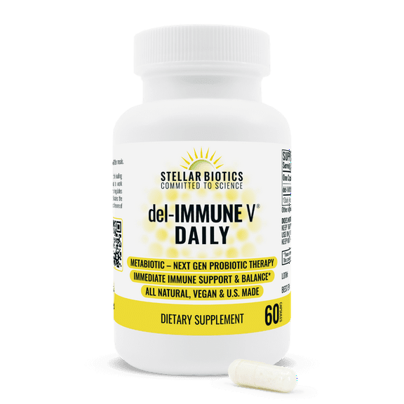 Stellar Biotics - del-IMMUNE V® DAILY 25mg - All-Natural Advanced Immune Support - Immediate High Potency Immune System Care - Metabiotic Treatment, Next-Gen Probiotic Therapy (60 Capsules)