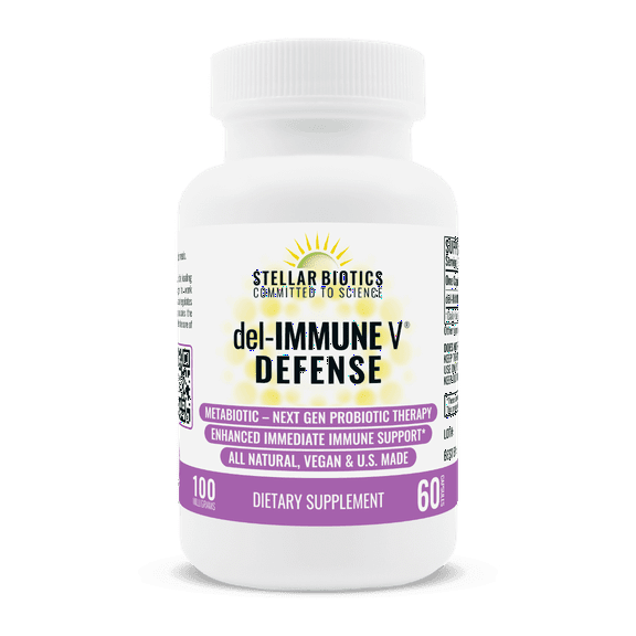 Stellar Biotics - del-IMMUNE V® DEFENSE 100mg - All-Natural Advanced Immune Support (+) - Immediate High Potency Immune System Care - Metabiotic Treatment, Next-Gen Probiotic Therapy (60 Capsules)