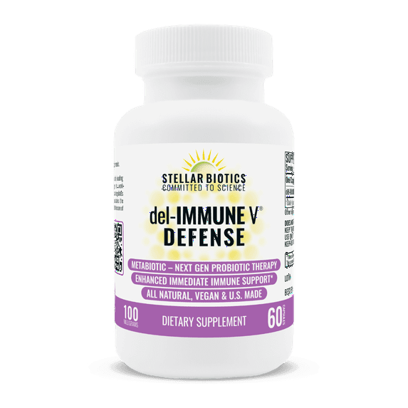 Stellar Biotics - del-IMMUNE V® DEFENSE 100mg - All-Natural Advanced Immune Support (+) - Immediate High Potency Immune System Care - Metabiotic Treatment, Next-Gen Probiotic Therapy (60 Capsules)