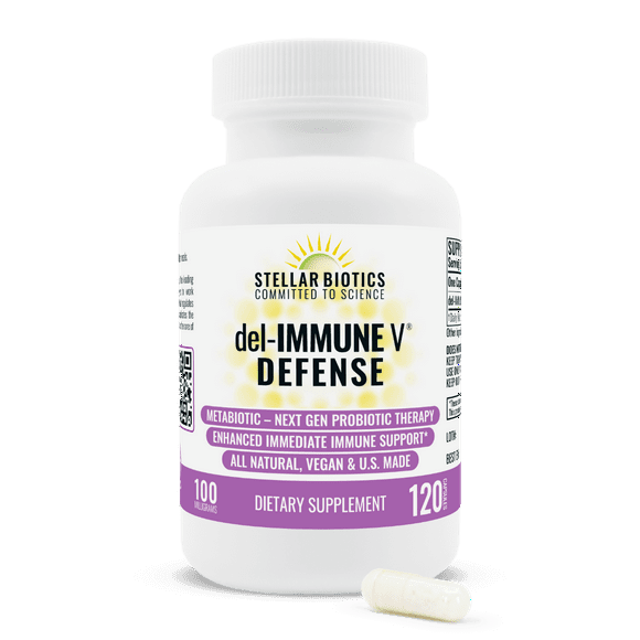 Stellar Biotics - del-IMMUNE V DEFENSE 100mg - All-Natural Advanced Immune Support (+) - Immediate High Potency Immune System Care - Metabiotic Treatment, Next-Gen Probiotic Therapy (120 Capsules)