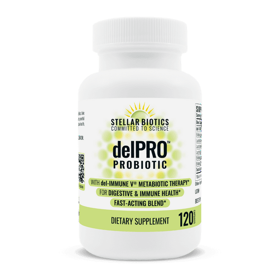 Stellar Biotics - delPRO™ PROBIOTIC (Enhanced with del-IMMUNE V®) - Powerful Probiotic & Prebiotic Blend - Promotes Optimal Gut Health & Digestion - Balances Immune System & Mood (120 Capsules)