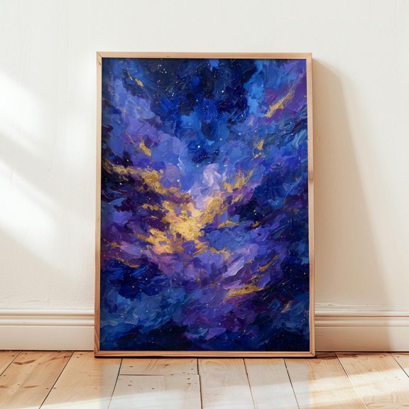 Stellar Bloom Indigo Gold Print Celestial Floral Decor Unframed Paper Print