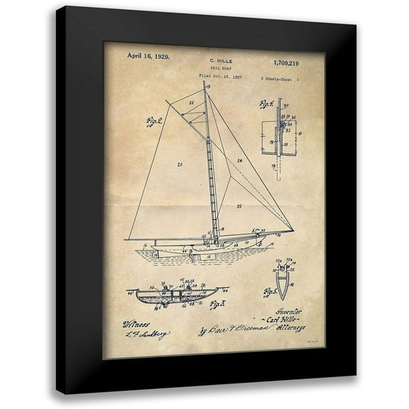 Stellar Design Studio 11x14 Black Modern Framed Museum Art Print Titled - Sailboat Plan I