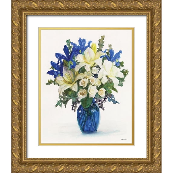 Stellar Design Studio 15x18 Gold Ornate Wood Framed with Double Matting Museum Art Print Titled - White And Navy Floral Arrangement II