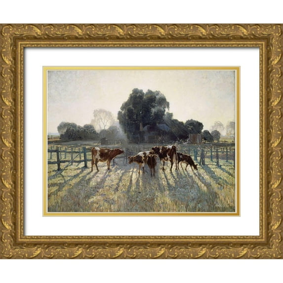 Stellar Design Studio 18x15 Gold Ornate Wood Framed with Double Matting Museum Art Print Titled - Grazing Cows