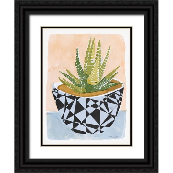 Stellar Design Studio 19x24 Black Ornate Wood Framed with Double Matting Museum Art Print Titled - Geo Vase with Succulent