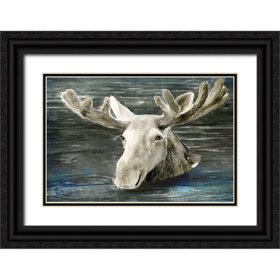 Stellar Design Studio 24x17 Black Ornate Wood Framed with Double Matting Museum Art Print Titled - Lake Moose