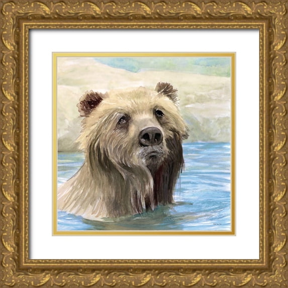 Stellar Design Studio 26x26 Gold Ornate Wood Framed with Double Matting Museum Art Print Titled - Bear Bath