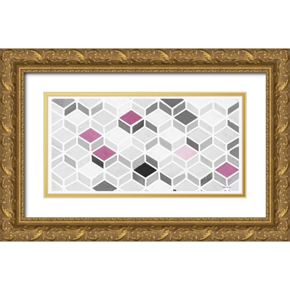 Stellar Designs Studio 18x11 Gold Ornate Wood Framed with Double Matting Museum Art Print Titled - Fuchsia and Gray Pattern
