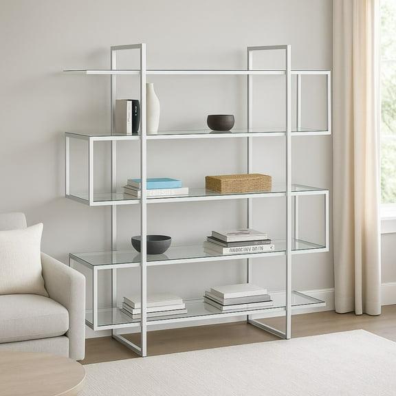 Stellar Modern Glass Bookshelf, 5-Tier Open Display Case, 59" Wide x 63" High, Chrome Frame with Clear Tempered Glass Shelves