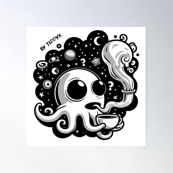 Stellar Sip - The Cosmic Octopus' Coffee Break Poster Wall Art, Modern Wall Decor For Living Room Bedroom, 16X16 UNFRAMED