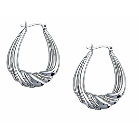 Stellar White Rhodium Large Oval Designed Hoop Earrings