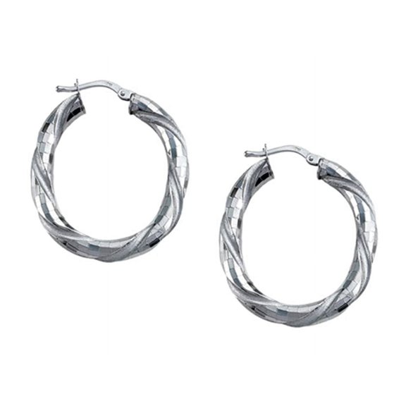 Stellar White Rhodium Large Oval Twist Hoops Earrings