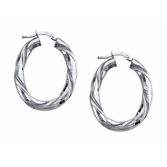 Stellar White Rhodium Oval Twist Hoop Earrings