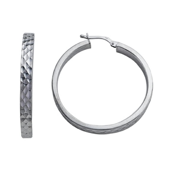 Stellar White Rhodium Round Large Bright Cut Hoop Earrings