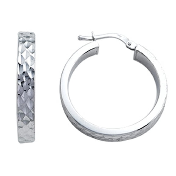 Stellar White Rhodium Round Medium Bright Cut Hoop Earrings