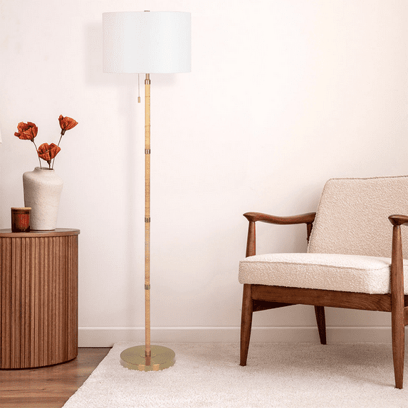 Stellar Wood Rattan Tube,Gold Brass Metal and White Linen Shade Floor Lamp,Gold,Natural Wood,Rattan,White Brass,Linen,Rattan,Wood Lighting Living Room Lighting