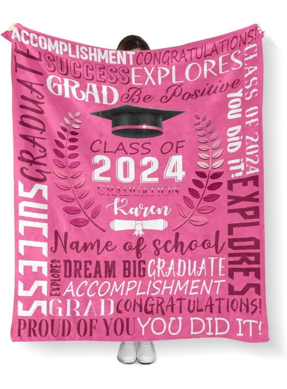 StellarStyle Custom Graduation Blankets with Name of The School Personalized Name Blanket with Class of 2024 Customized Gift Blanket for Graduate Daughter Son Adult(Blue)