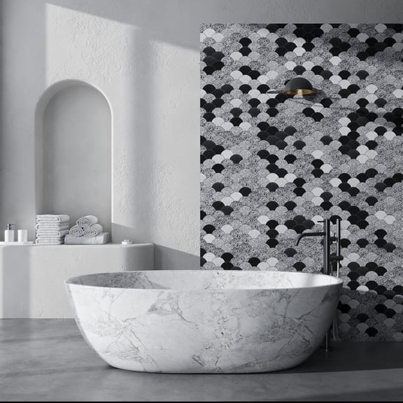 Stellare 12 x 12 in. Honed Black, Gray Terrazzo, Marble Mosaic Fan, Fish Scale Wall and Floor Tile (5 sq ft/case) - 5 Pack