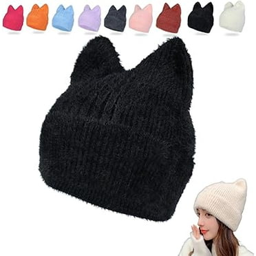 Stellaya Cute Cat Ear Beanie Hat for Women, Women Cat Ear Beanie Hat, Knit Beanies for Women, Satin Lined Beanie(Black)