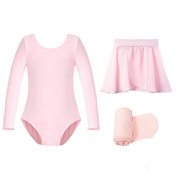 Stelle 3 Piece Ballet Leotard Long Sleeve Dress Set with Elastic Chiffon Skirt Ballerina Tights Dance Combo for Toddler Girls,Ballet Pink,8 Years