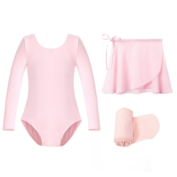 Stelle 3 Piece Ballet Leotard Long Sleeve Outfit Dress Set with Tie up Chiffon Skirt Tights Ballerina Dance Combo for Toddler Girls,Ballet Pink,7 Years