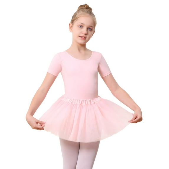 Stelle 3 Piece Short Sleeve Ballet Leotard Set with Elasitc Tutu Skirt Tights Dance Cloths Combo for Girls,Ballet Pink,6 Years