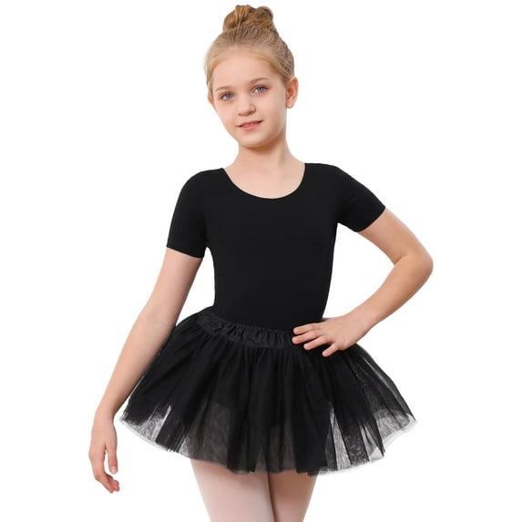 Stelle 3 Piece Short Sleeve Ballet Leotard Set with Elasitc Tutu Skirt Tights Dance Cloths Combo for Girls,Black,8 Years
