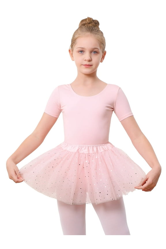 3 Piece Short Sleeve Ballet Leotard Set with Elastic Sequins Tutu Skirt Tights Dance Cloths Combo for Girls,Ballet Pink,5T