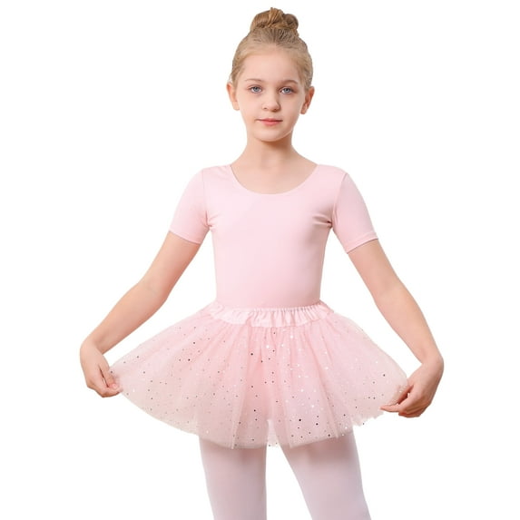 Stelle 3 Piece Short Sleeve Ballet Leotard Set with Elastic Sequins Tutu Skirt Tights Dance Cloths Combo for Girls,Ballet Pink,8 Years