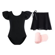 Stelle Ballet Leotard Flutter Sleeve with Separate Adjustable Tie Skirt Tights Ballerina Dancewear Combo for Girls,Black,8 Years