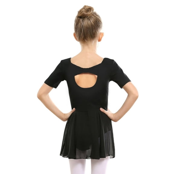 Stelle Ballet Leotard Short Sleeve Bow Back with Chiffon Skirt Ballerina Dance Dress for Girls,Black,7-8 Years
