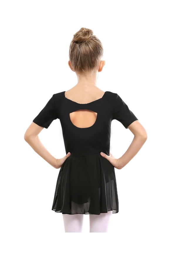 Ballet Leotard Short Sleeve Bow Back with Chiffon Skirt Ballerina Dance Dress for Girls,Black,8-9 Years