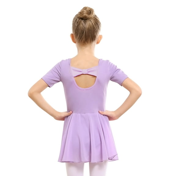Stelle Ballet Leotard Short Sleeve Bow Back with Chiffon Skirt Ballerina Dance Dress for Girls,Lavender,6-7 Years