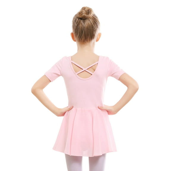 Stelle Ballet Leotard Short Sleeve Criss-Cross Back Dress with Chiffon Skirt, Ballerina Outfit for Girls,Ballet Pink,2-3T